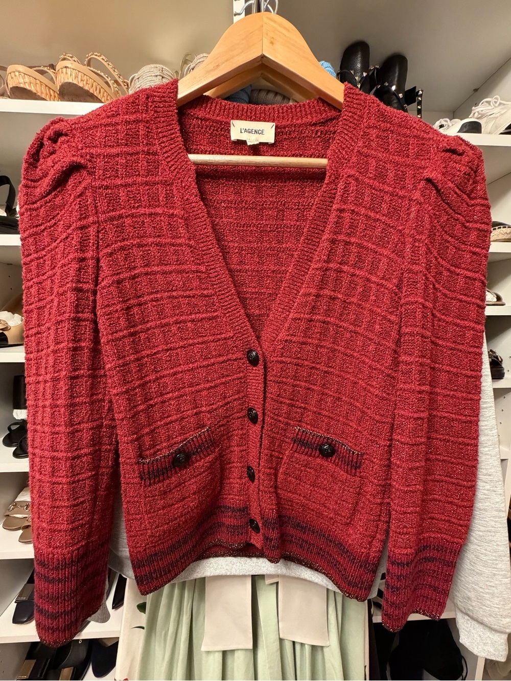 L'AGENCE Burgundy Textured V-Neck Cardigan with Patch Pockets- size small